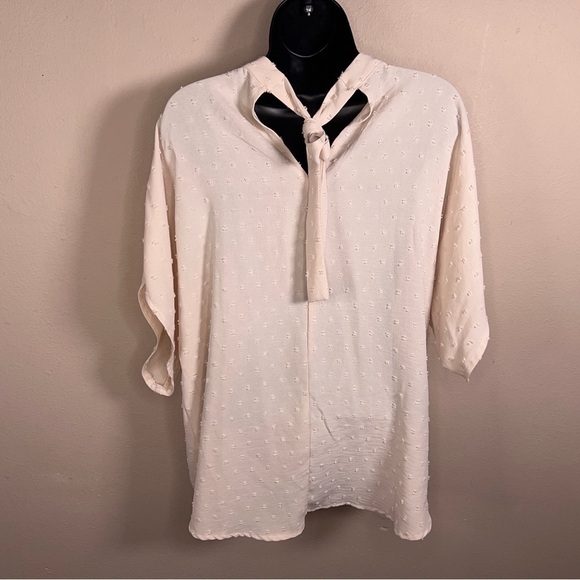 1X PASTEL PINK DOT TEXTURE BLOUSE MOCK NECK HALF SLEEVE - Picture 7 of 10